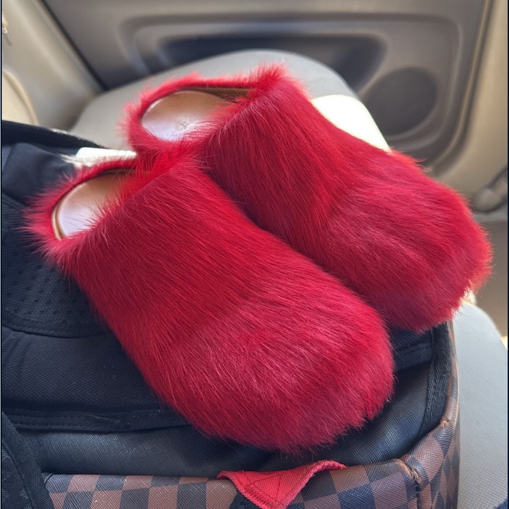 Marni Red Plush Fur Slippers